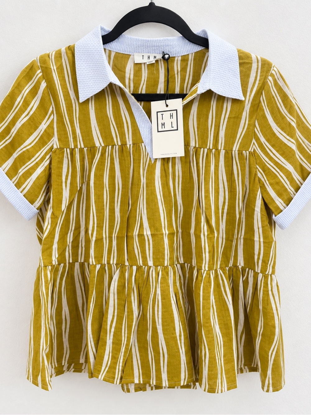 THML Mustard Striped Peplum Polo with Light Blue Trim